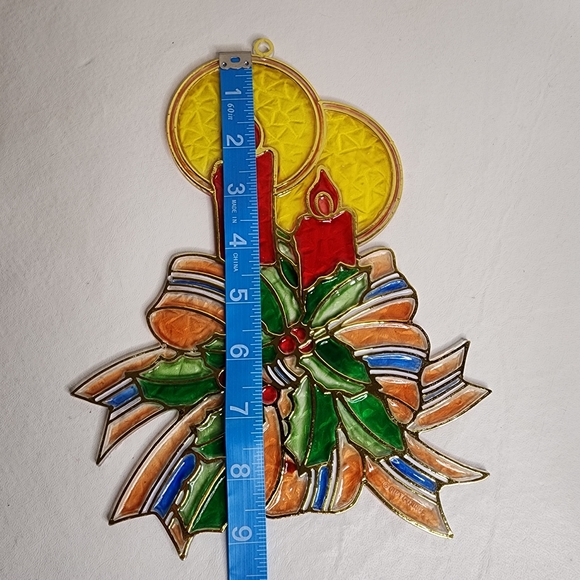 Vintage Suncatcher Christmas Candles and Holly Plastic Stained Glass Ornament - Picture 5 of 13